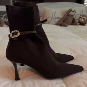 Pointed Toe Stretch Sock Ankle Boot with Gold Buckle - Chocolate Brown